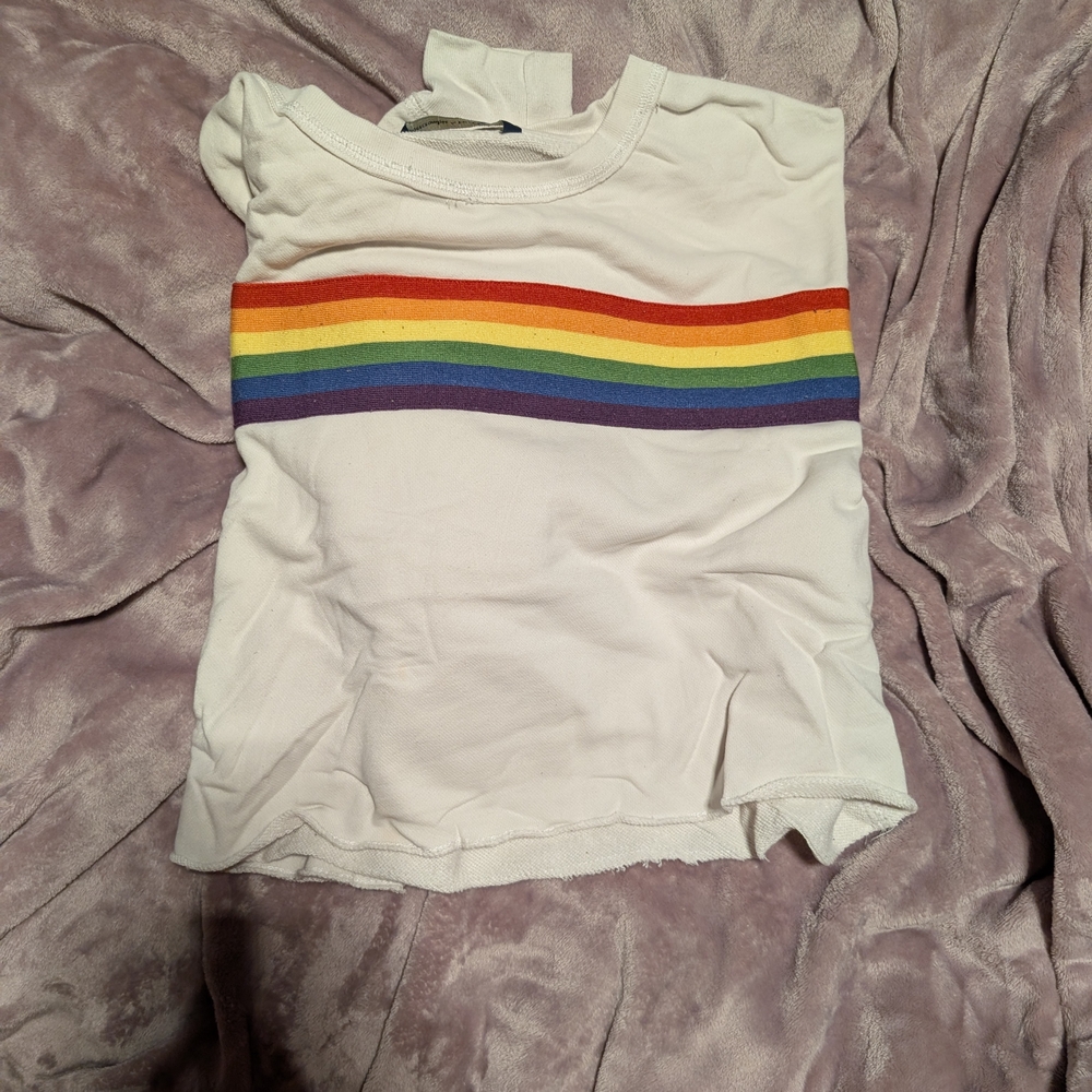 Abercrombie & Fitch White Crop Top with Rainbow Stripes